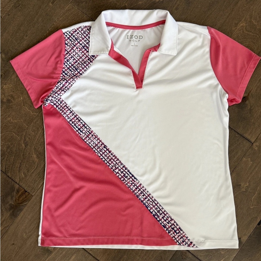IZOD Golf Women's Polo Shirt Abstract Print White/Pink Short Sleeve Size Large